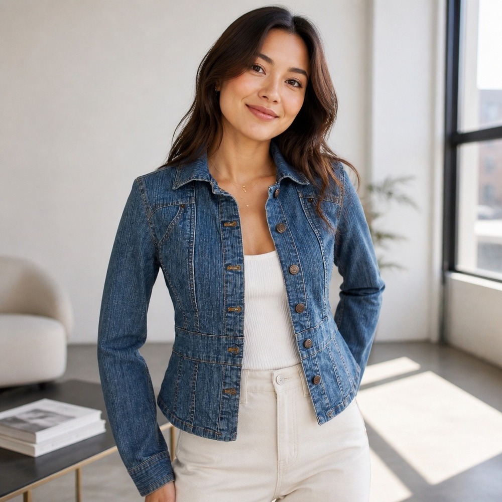 Bill Blass Jeanswear Blue Stretch Denim Jacket‎ Medium Wash Petite Small PS